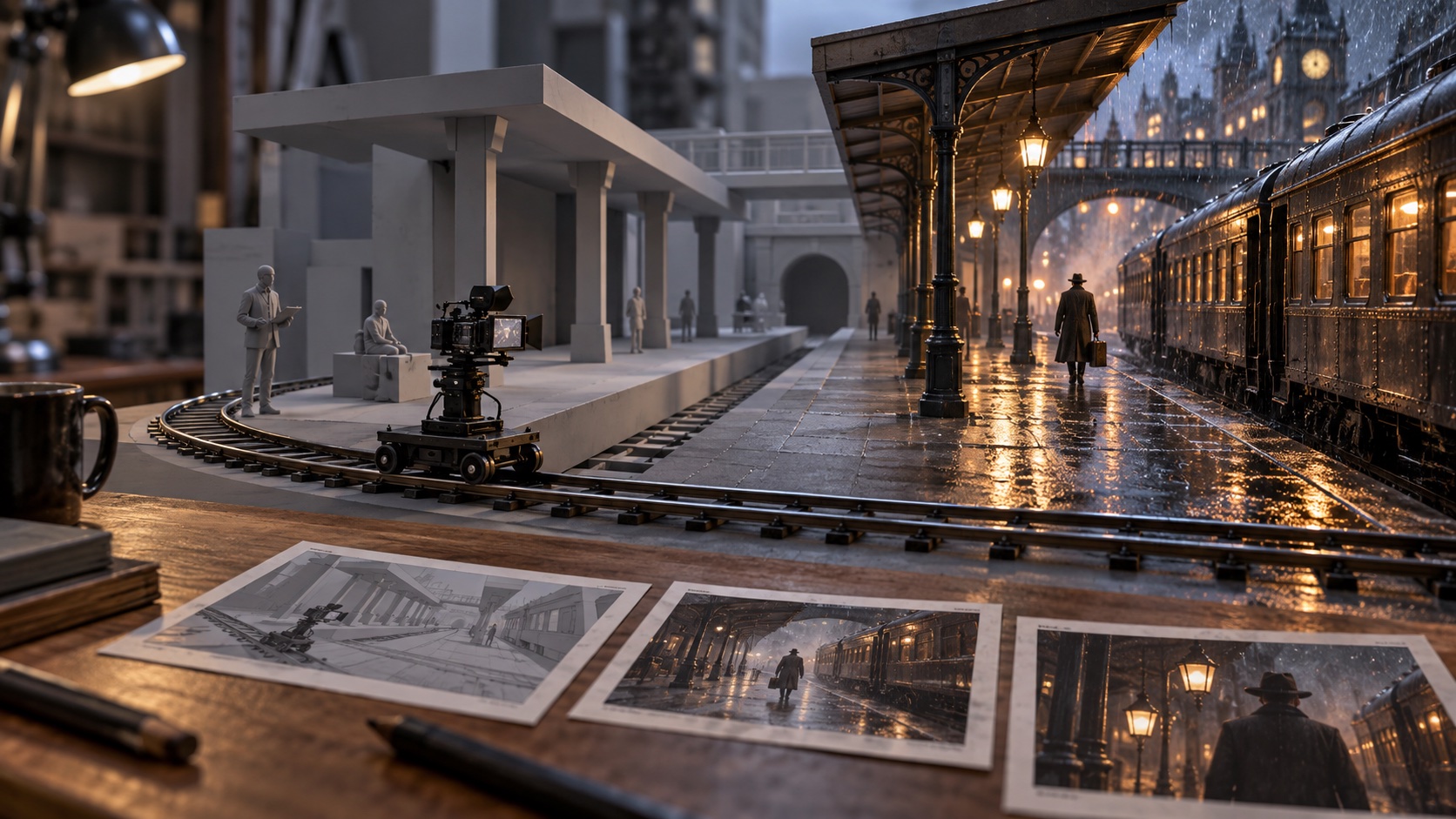 3D previsualization for AI filmmaking illustration: a simple railway set and camera track transition into a finished cinematic scene.