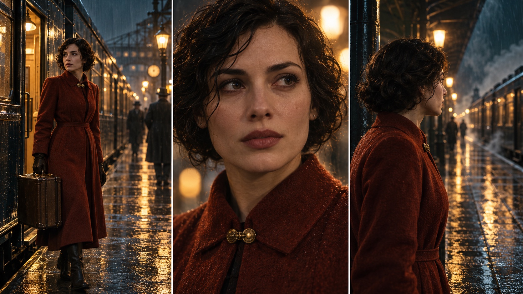 Consistent characters in AI video illustration: the same woman in a rust-red coat seen in a wide shot, close-up and profile at a rainy station.