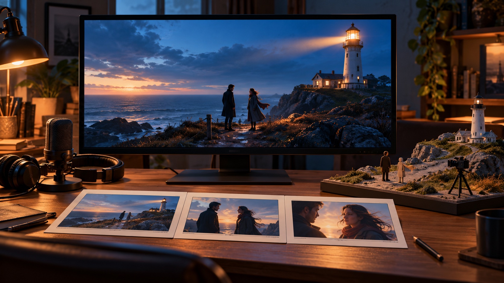 Concept illustration of a cinematic workspace with a coastal lighthouse scene on screen, storyboard cards, a microphone and a miniature scene-planning set.