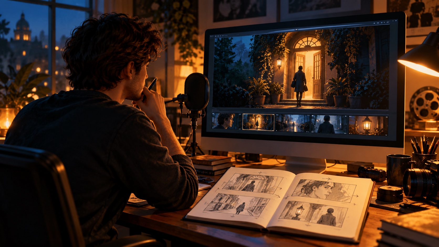 Concept illustration of a filmmaker studying storyboard sketches beside a microphone and a screen showing a cinematic doorway scene.