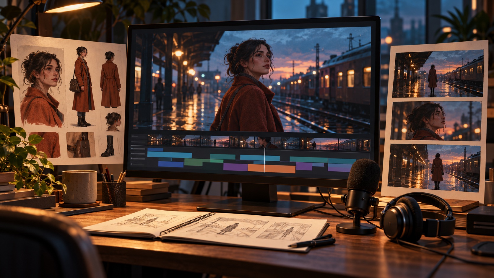 Concept illustration of a film editing desk with a character reference sheet, storyboard cards and a screen showing the same woman at a railway platform.