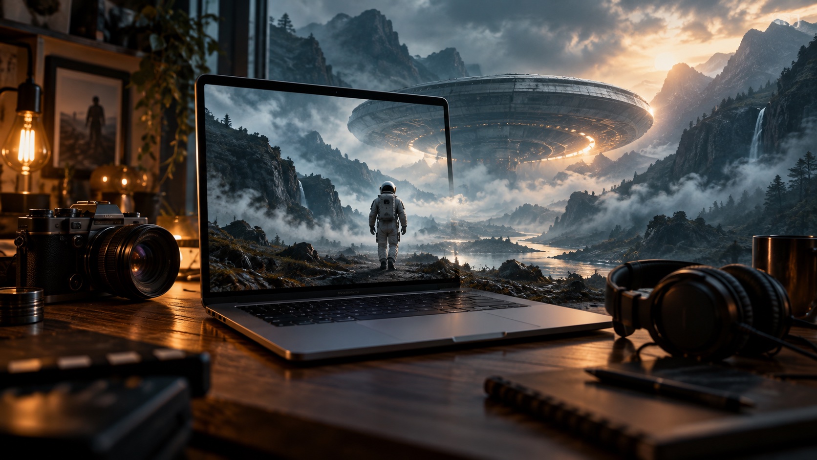 AI filmmaking software for Mac illustration: a laptop opens onto a film scene with an astronaut and spacecraft.