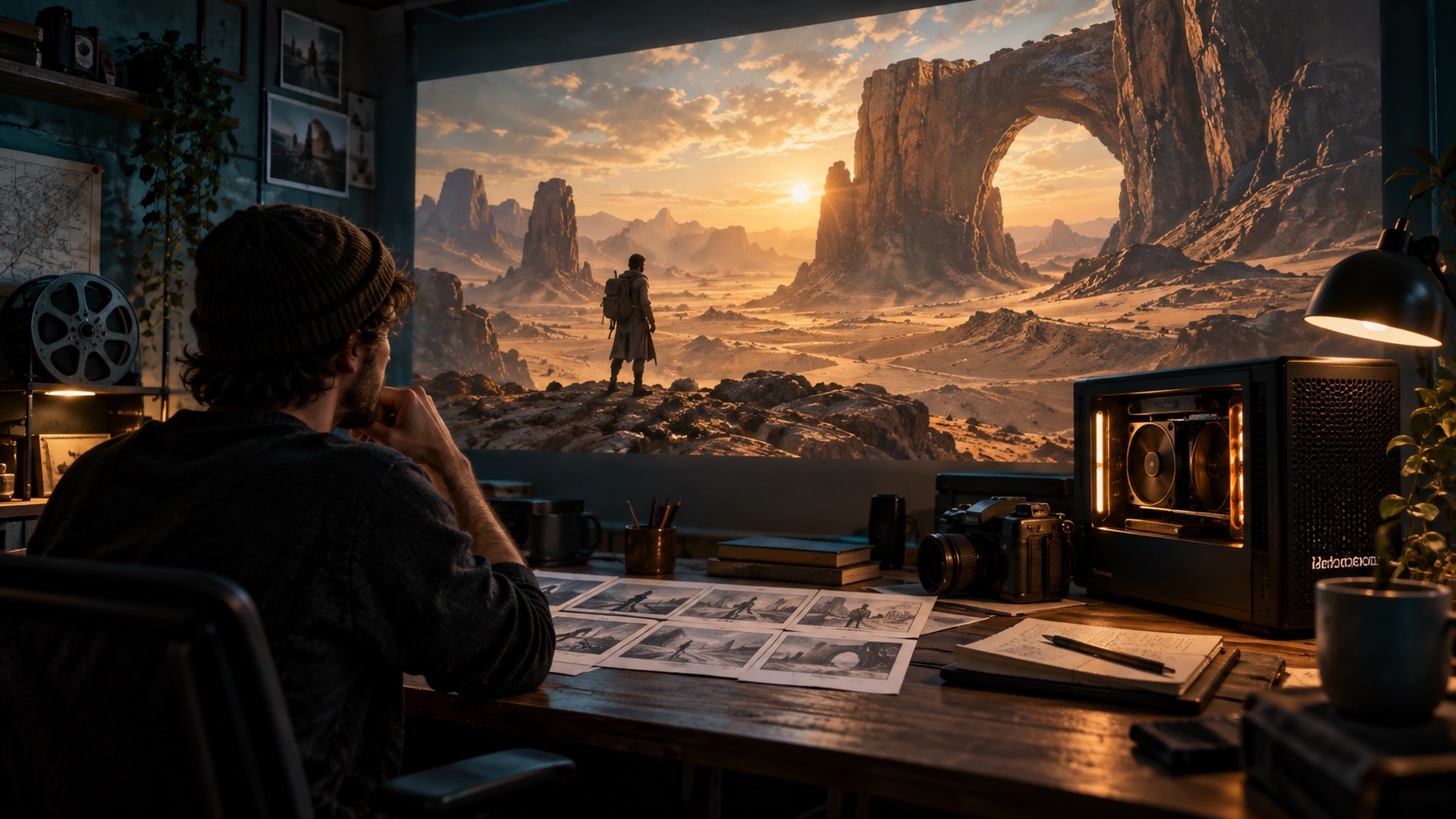AI video rendering cost illustration: a compact editing workspace and GPU workstation beside a projected desert film scene.
