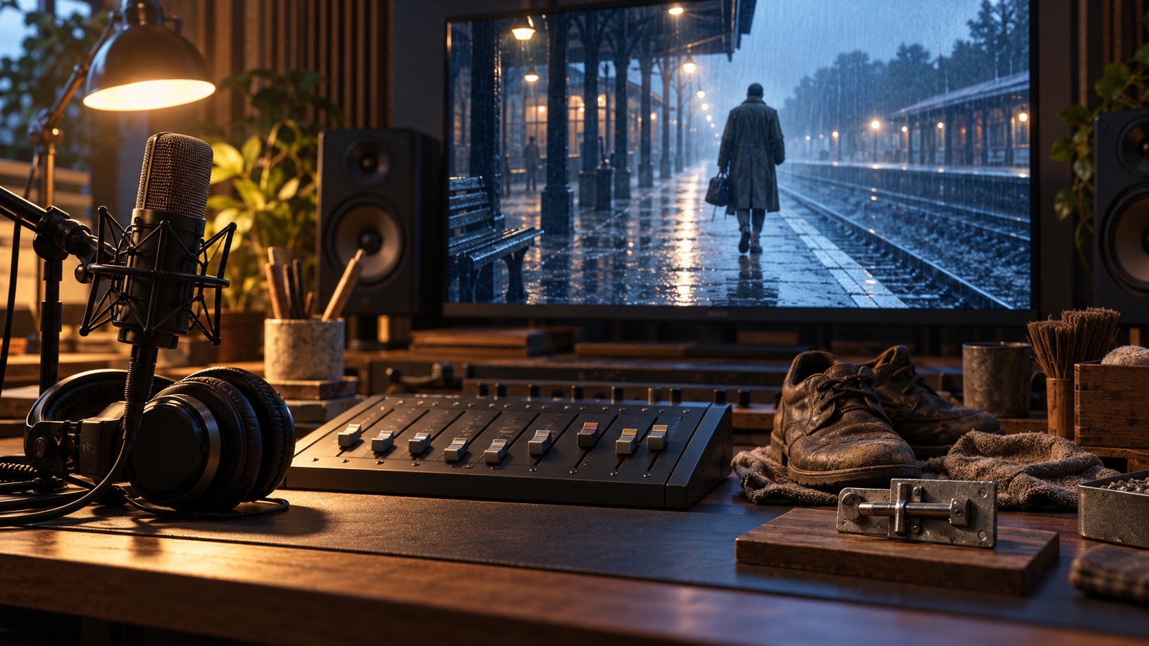 AI video sound effects illustration: a microphone, separate mixing faders and Foley props beside a rainy railway film scene.
