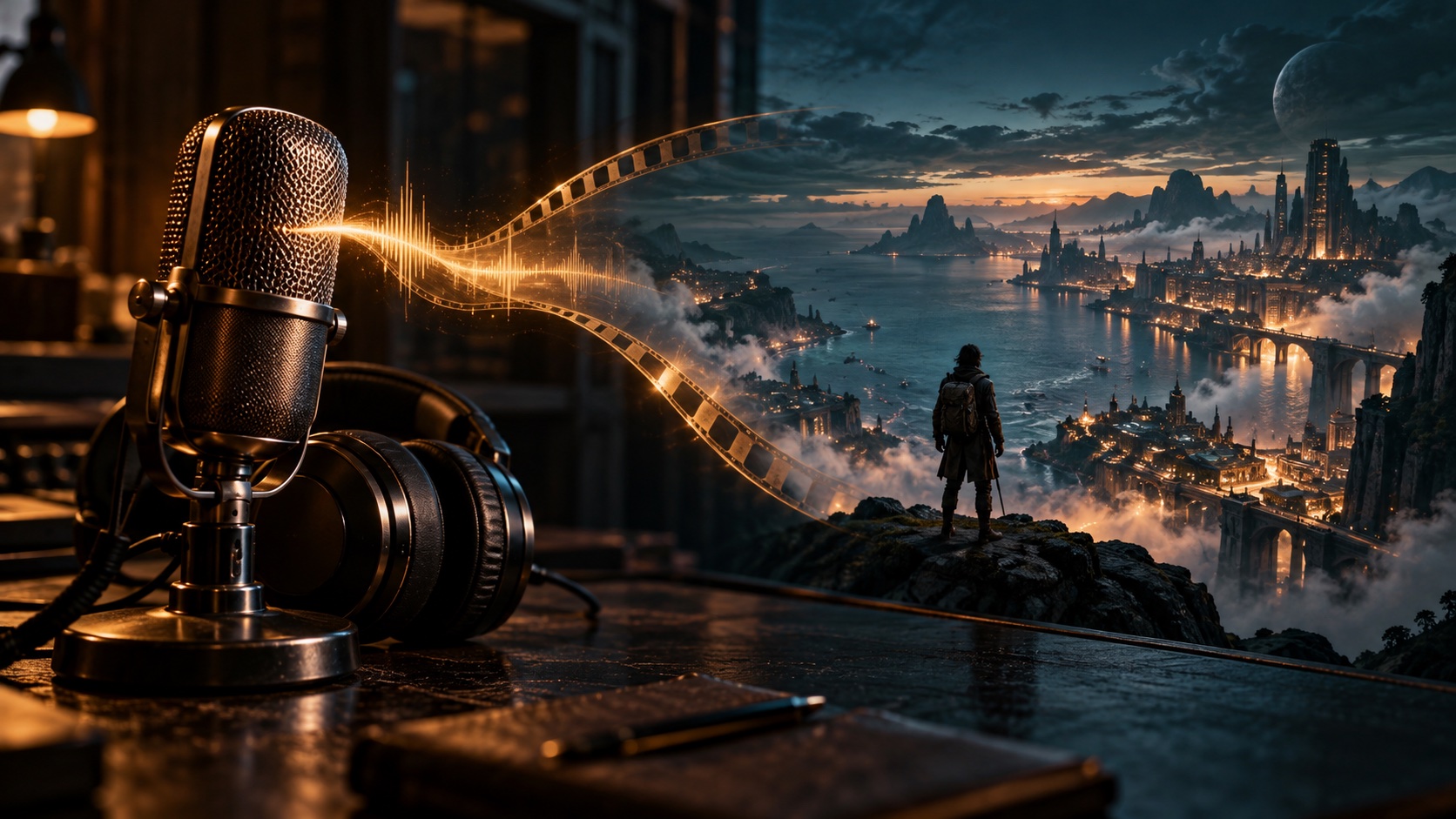 Audiobook to video illustration: a microphone and headphones lead into a coastal city through a ribbon of sound and film.