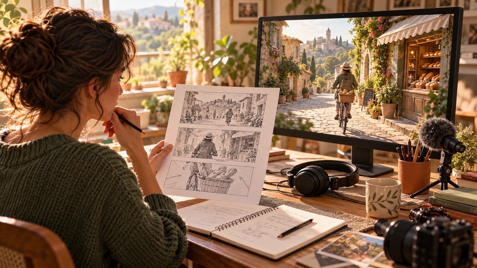 Concept illustration of a learner comparing storyboard sketches with a cinematic village scene on a desktop screen, with headphones and a microphone nearby.