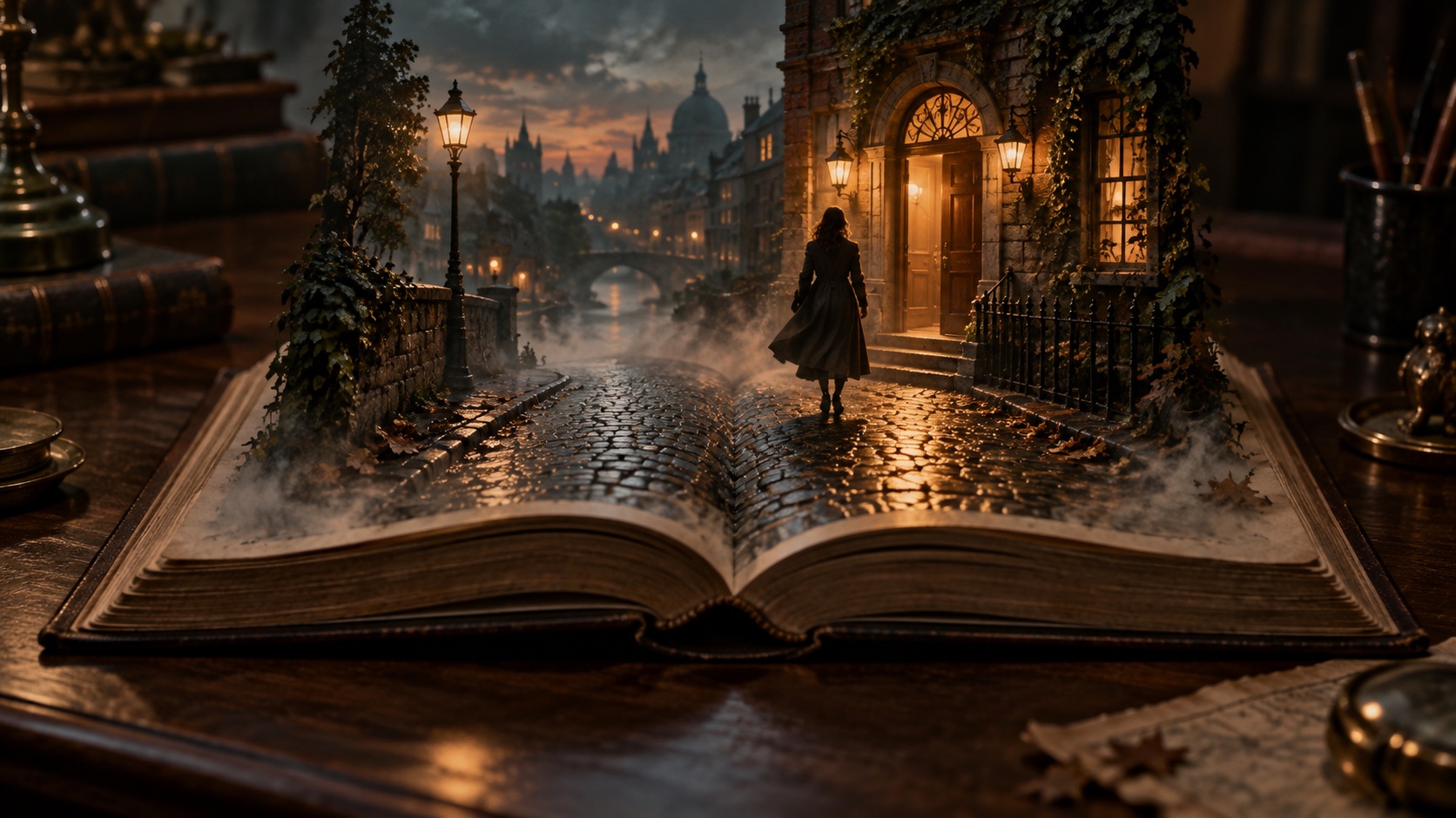 Books to movies illustration: an open book becomes a cobblestone film set with a woman approaching a lit doorway.