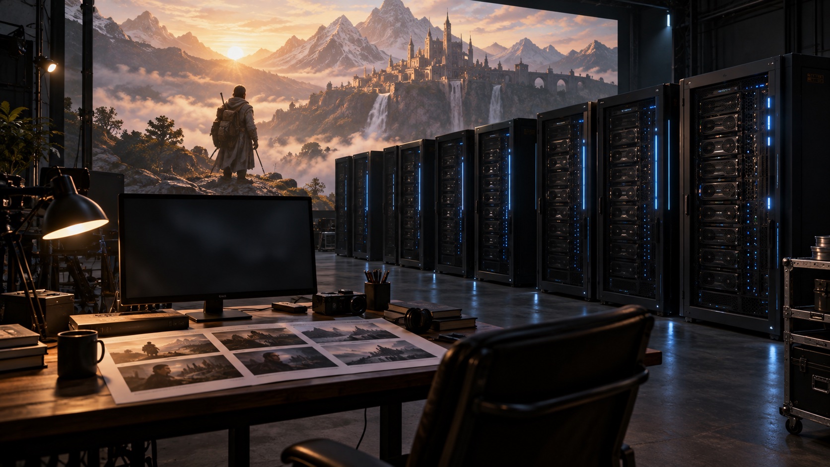 GPU render farm for AI video illustration: server cabinets beside an editing desk and a projected mountain adventure scene.