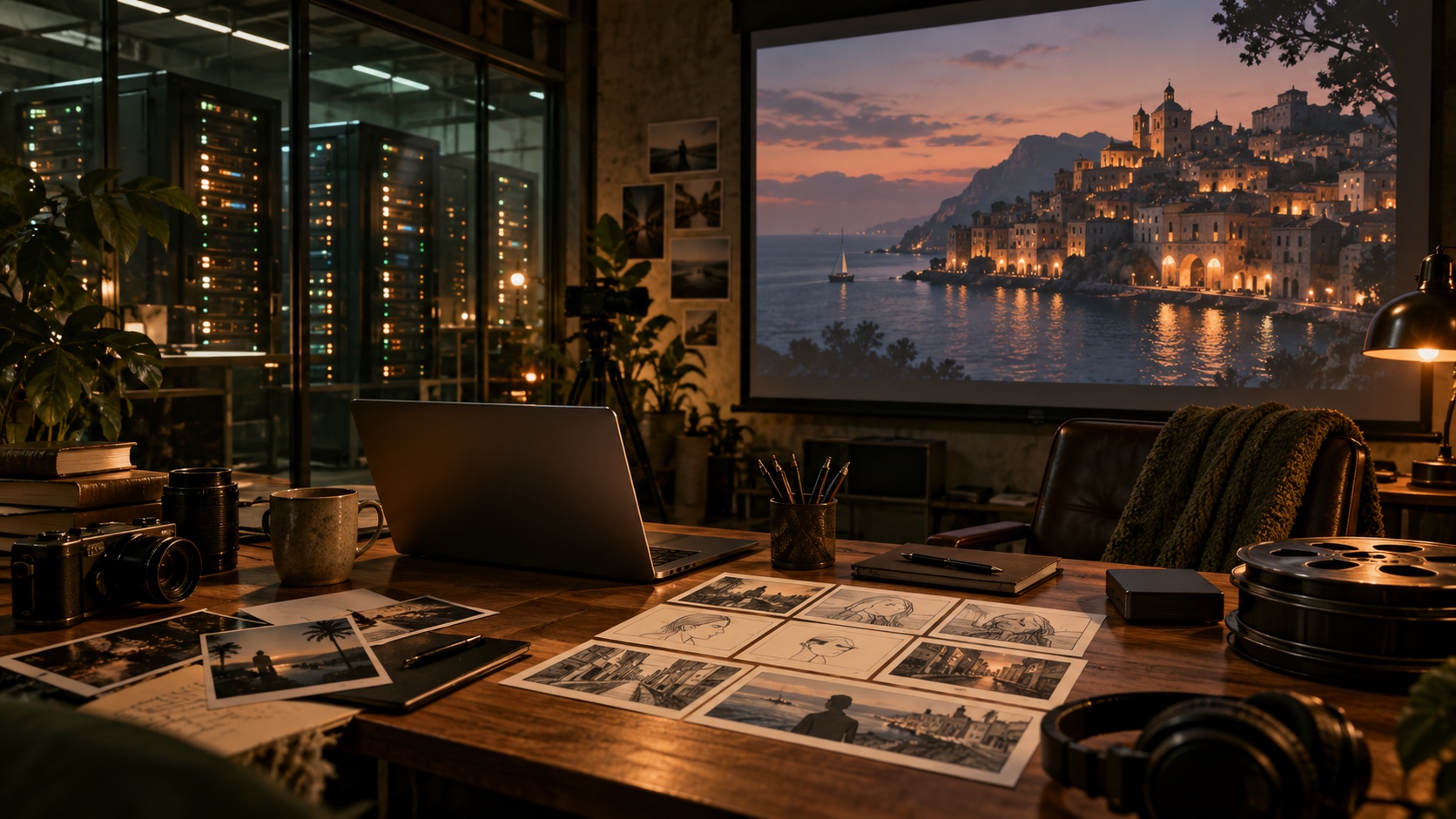 Higgsfield alternative for filmmaking illustration: an independent editing workspace with storyboard cards and nearby GPU servers.