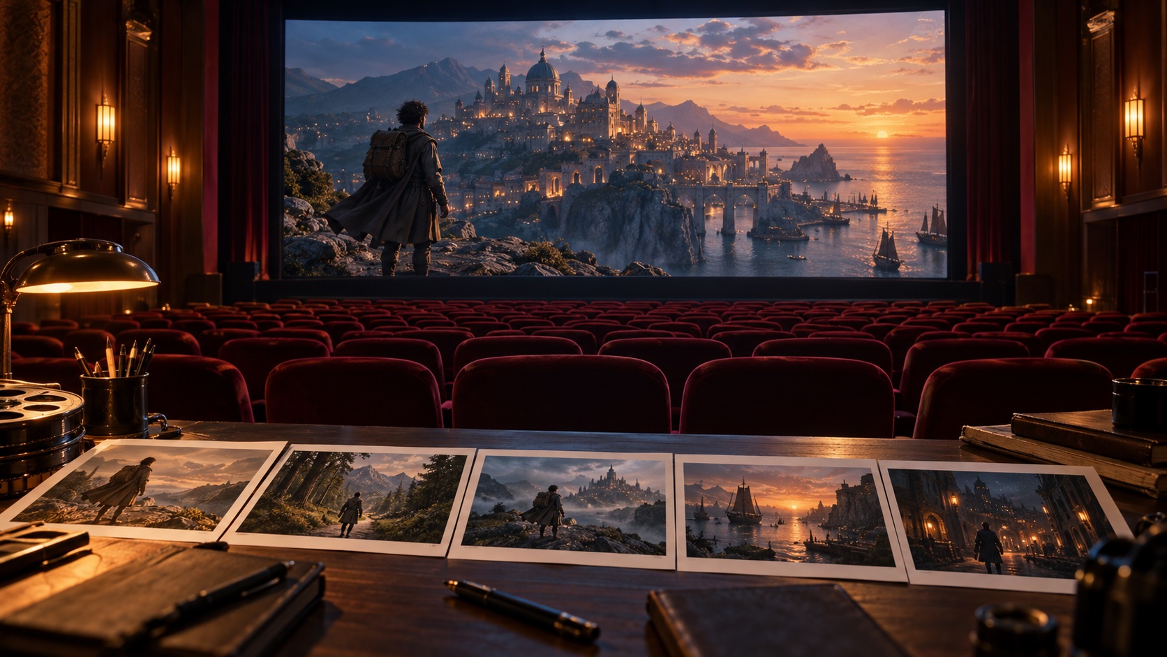Long-form AI video illustration: a cinema screen shows a coastal adventure while storyboard panels lay out moments from the film.