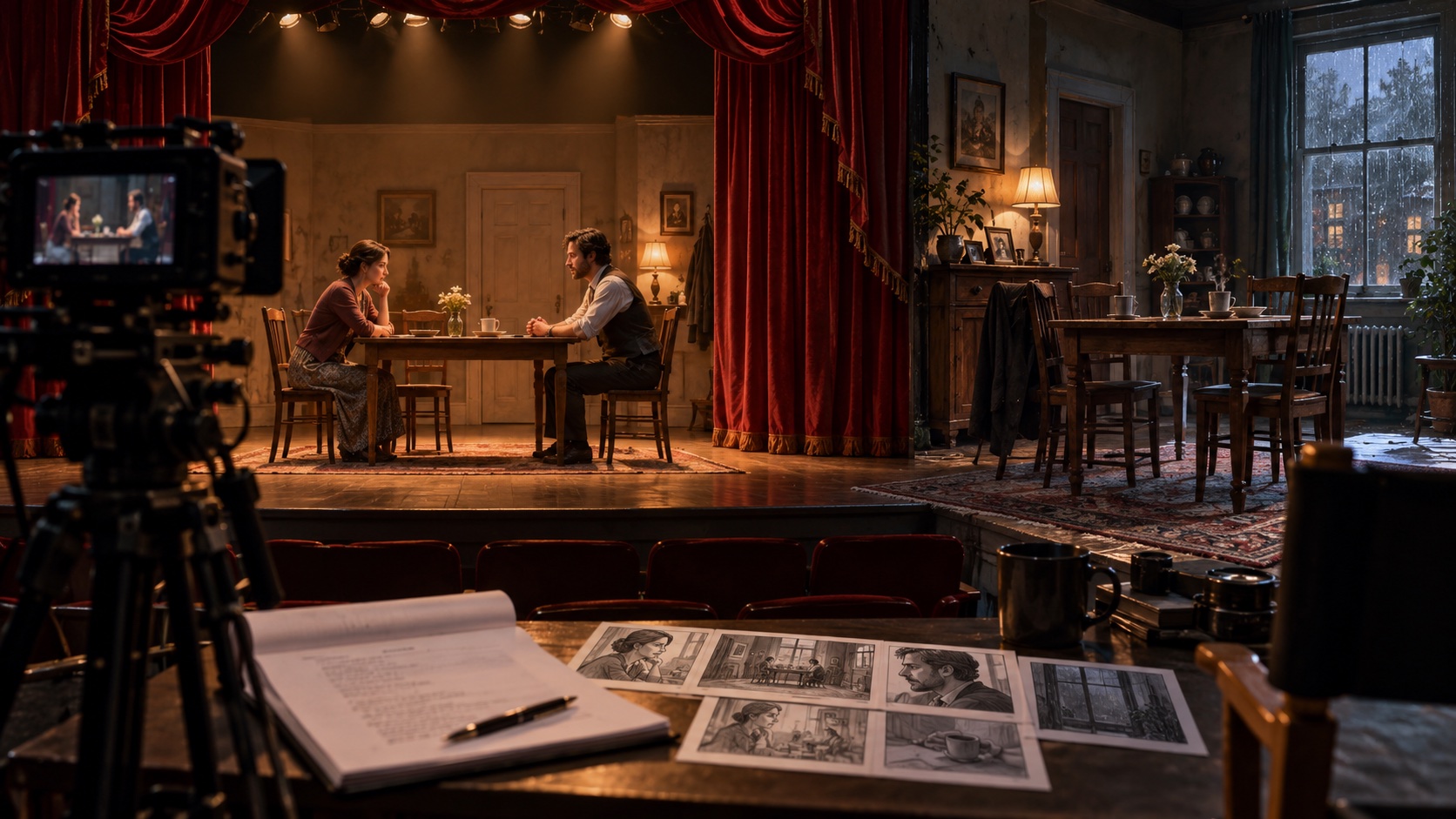 Play to movie illustration: two performers in a theatre dining-room set viewed by a cinema camera beside a script and storyboard cards.
