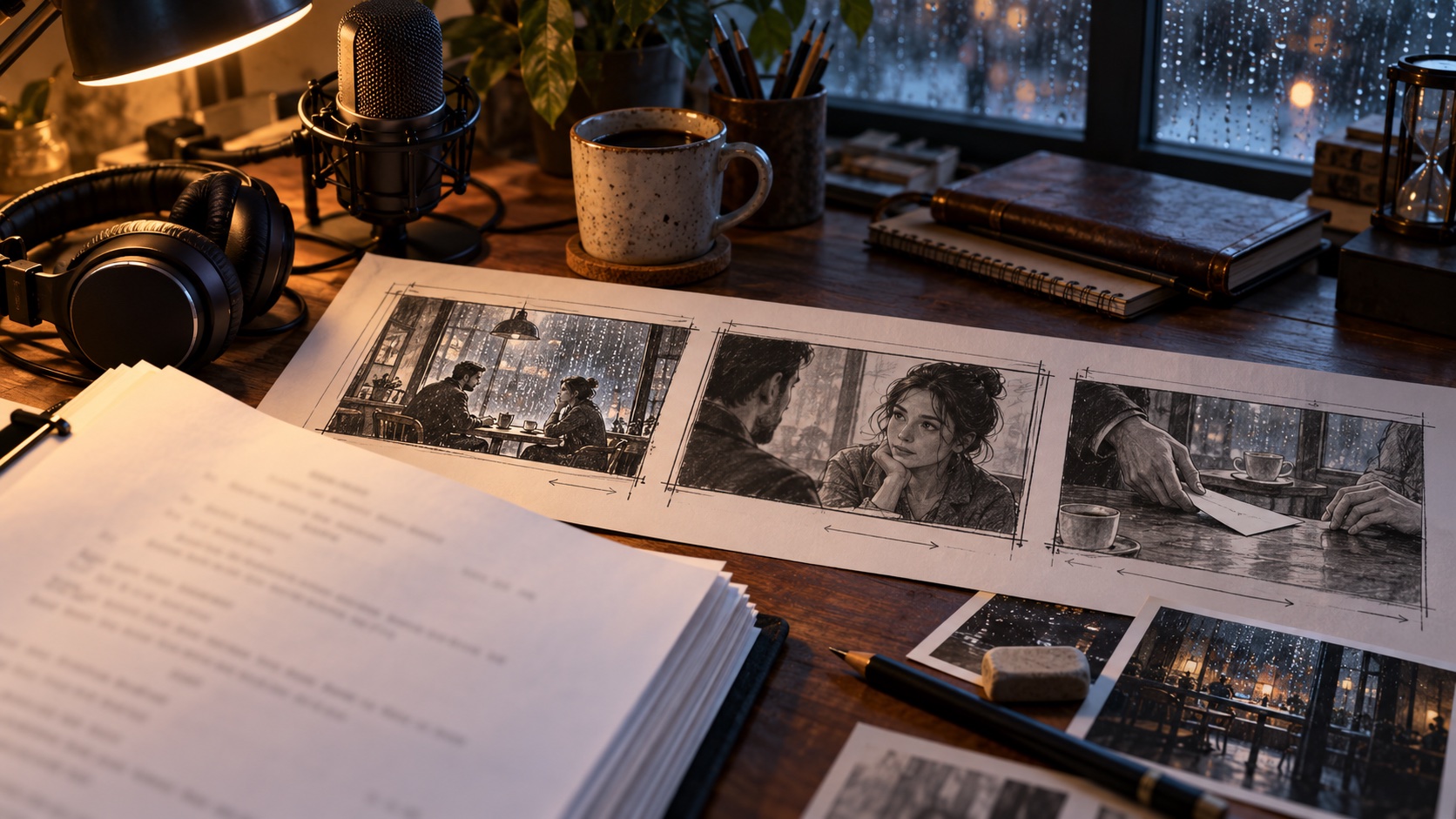 AI script to video illustration: a written script, microphone and storyboard panels showing a conversation in a cafe.