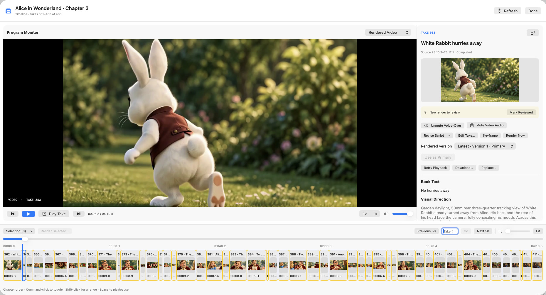 The Mac Timeline showing Play Take, rendered versions and the review controls. Captured October 16, 2026.